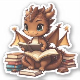 Pegatina Un dragón marrón leyendo