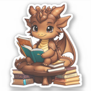 Pegatina Un dragón marrón leyendo