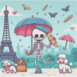 Pegatina Un esqueleto feliz en el París lluvioso