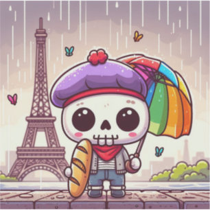 Pegatina Un esqueleto súper lindo en París lluvioso