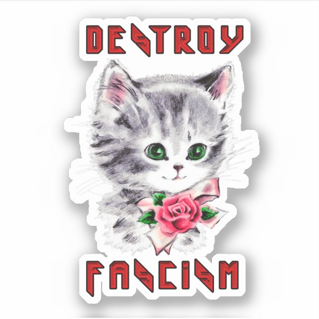 Pegatina Un gatito retro lindo - Destruye el fascismo (Anverso)