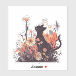 Pegatina Un gato kawaii en el campo lleno de flores