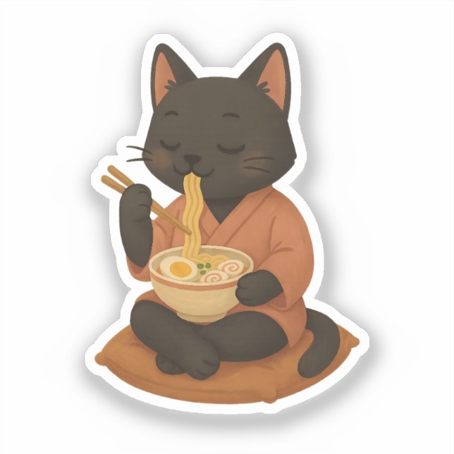Pegatina Un gato negro lindo comiendo Ramen (Anverso)