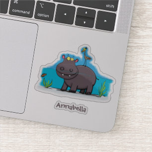 Pegatina Un gracioso hipopótamo con personalizado de pájaro
