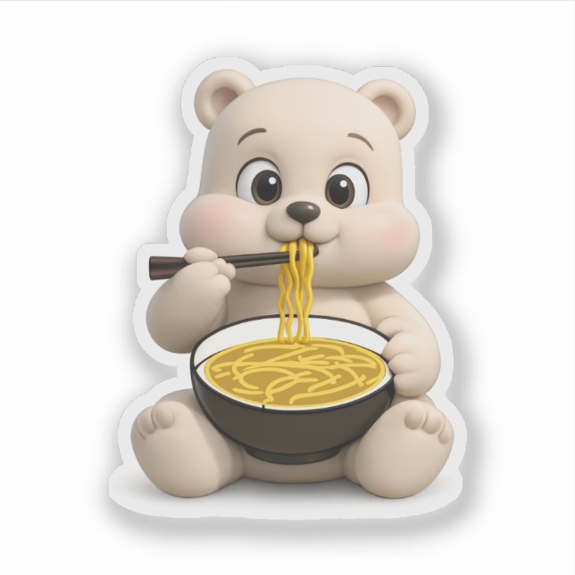 Pegatina Un oso lindo comiendo fideos. (Anverso)