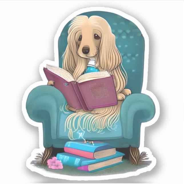 Pegatina Un perro afgano leyendo un libro (Anverso)