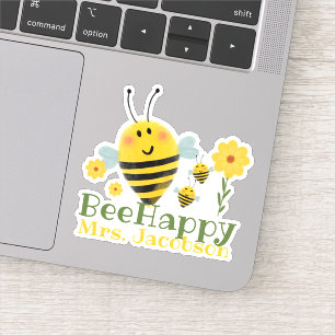 Pegatina Un profesor feliz de abejas diciendo abeja acuarel