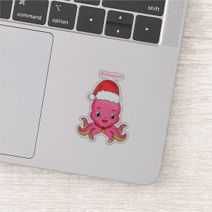 Pegatina Un pulpo alegre lindo usando Navidades gorra perso
