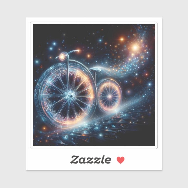 Pegatina Una bicicleta brillante en un paisaje cósmico de n (Hoja)