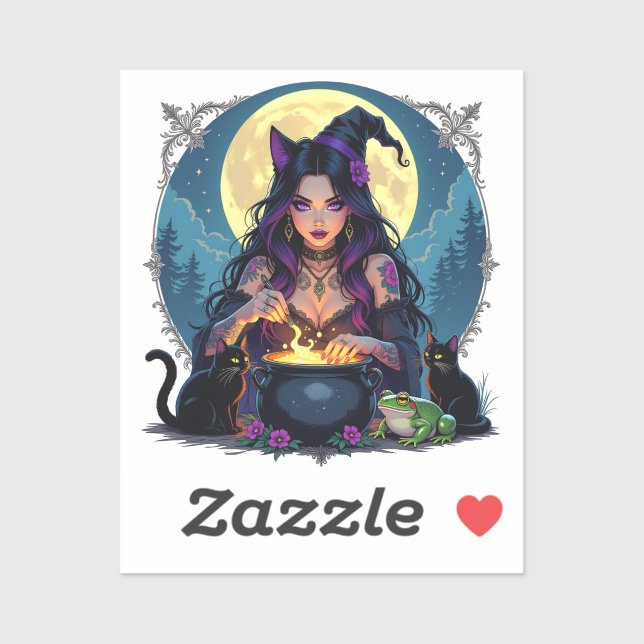 Pegatina Una bruja, un gato negro y una halloween de rana (Hoja)