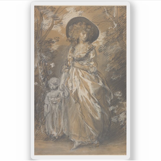 Pegatina Una dama caminando en un jardín con un niño (Anverso)