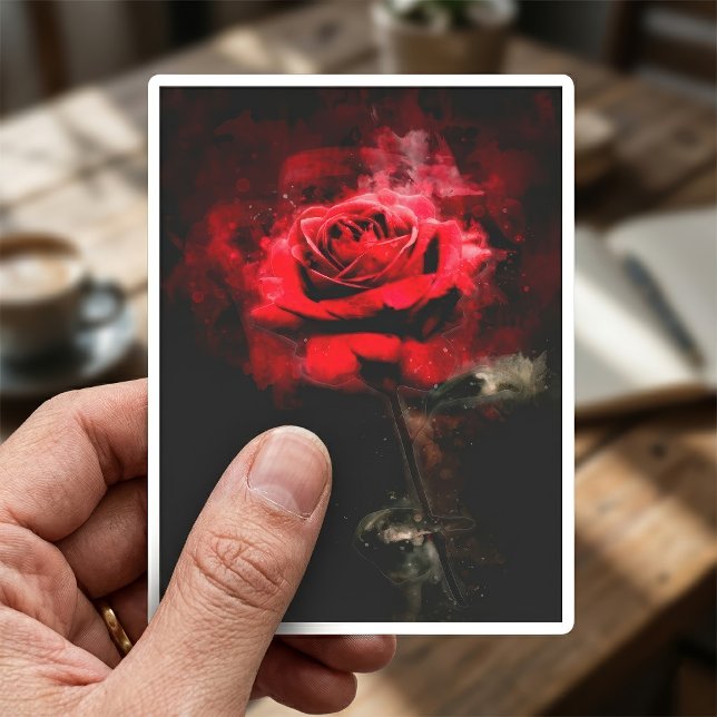 Pegatina Una Rosa Roja Acuarela sobre Fondo Negro (One Red Rose Watercolor on Black Background. Sticker)