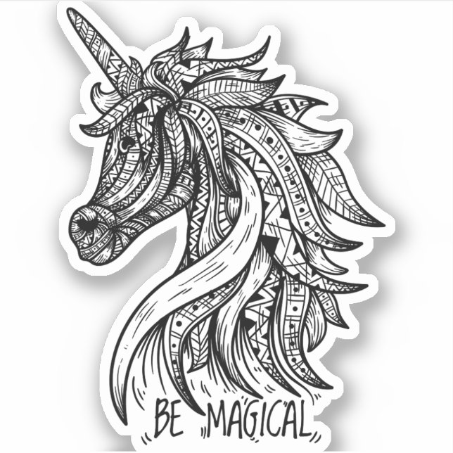 Pegatina Unicorn Mandala Henna Doodle Black White Guay (Anverso)
