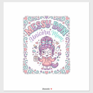 Pegatina Unicorn Moño Desordenado Unicornio Mamá Retro Esti