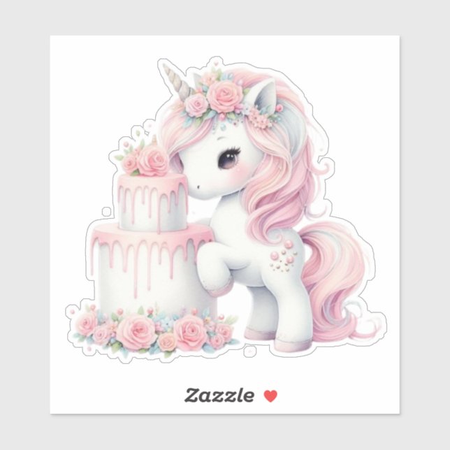 Pegatina Unicornio acuático moderno con tarta (Hoja)