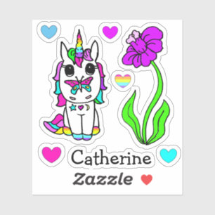 Pegatina Unicornio arcoiris, flores y nombre