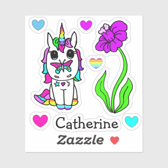 Pegatina Unicornio arcoiris, flores y nombre (Hoja)
