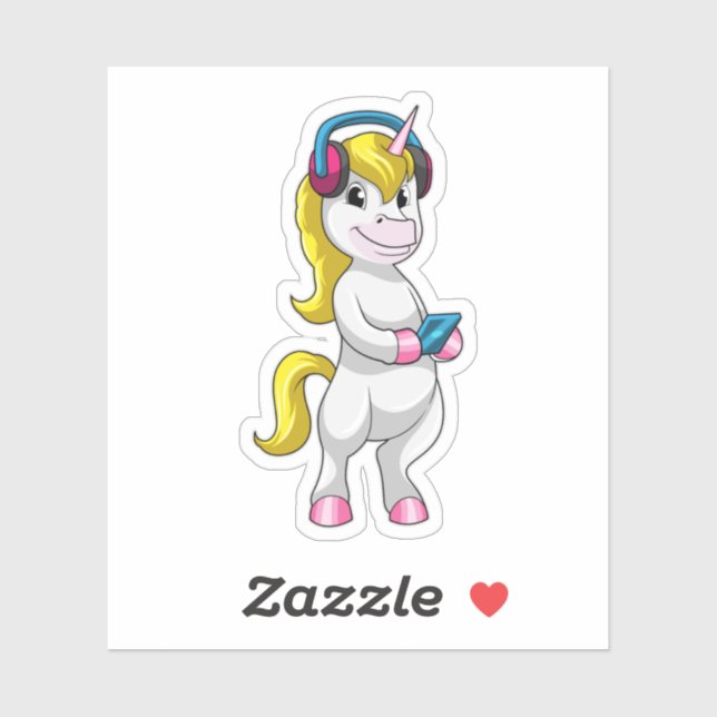 Pegatina Unicornio en Escucha Música con Auriculares (Hoja)