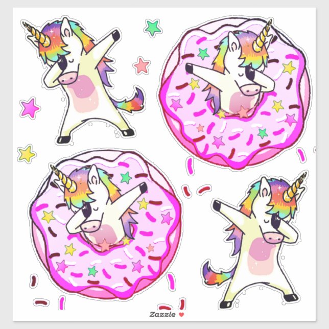 Pegatina Unicornios Arcoíris Bailan Dab en Fiesta de Donas (Hoja)