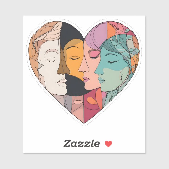 Pegatina Unity Heart Diverse Faces Line Art Diversity  (Hoja)