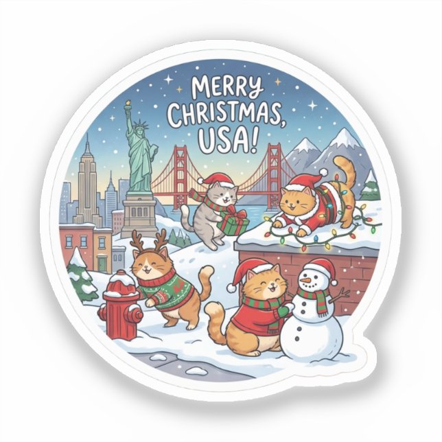 Pegatina USA Holiday Cats – Cute Meowy Christmas Sticker (Anverso)