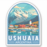 Pegatina Ushuaia Argentina Viaje de arte<br><div class="desc">Diseño de viaje de vector retro de Ushuaia. Es una ciudad turística de Argentina. Se encuentra en el archipiélago de Tierra del Fuego,  la punta más meridional de América del Sur,  apodado el "Fin del Mundo".</div>