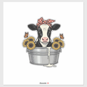 Pegatina Vaca antigua en bañera Girasol Mariposa Vector Dis