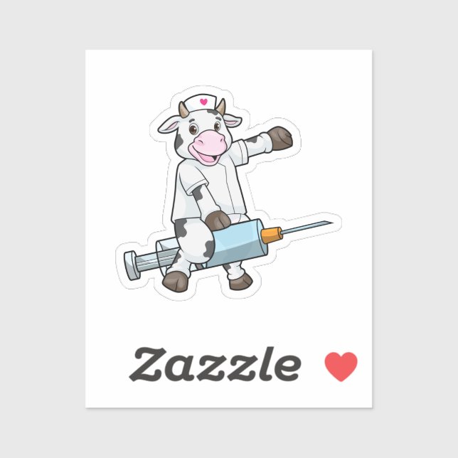 Pegatina Vaca como enfermera con corazón y jeringas (Hoja)