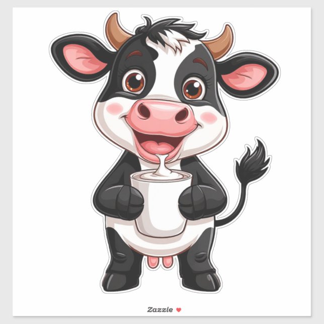 Pegatina Vaca de dibujos animados alegres bebiendo leche (Hoja)