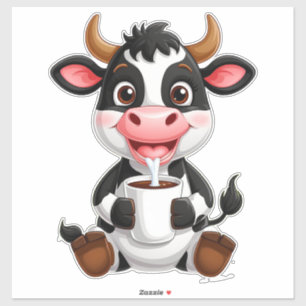 Pegatina Vaca de dibujos animados alegres bebiendo leche