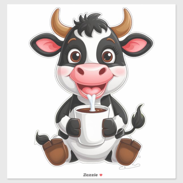 Pegatina Vaca de dibujos animados alegres bebiendo leche (Hoja)