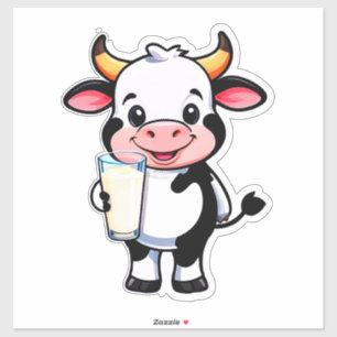 Pegatina Vaca De Dibujos Animados Feliz Con Vaso De Batido 