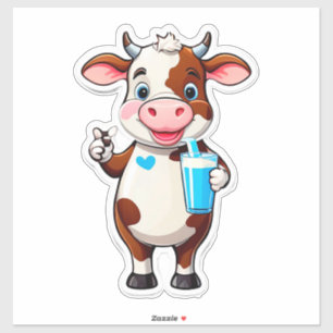 Pegatina Vaca de dibujos animados feliz con vaso de batido 