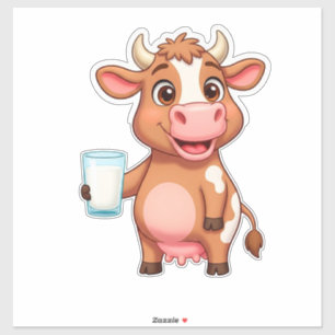 Pegatina Vaca de dibujos animados feliz con vaso de batido