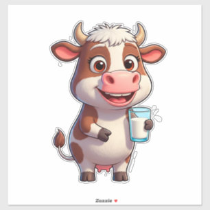 Pegatina Vaca de dibujos animados feliz con vaso de batido 