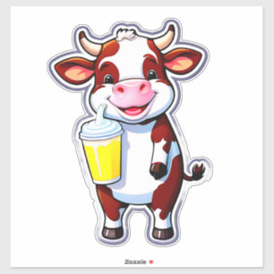 Pegatina Vaca de dibujos animados feliz con vaso de batido 