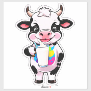 Pegatina Vaca de dibujos animados feliz con vaso de batido 