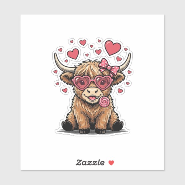 Pegatina Vaca de las Tierras Altas Valentín Corazón Gafas V (Hoja)