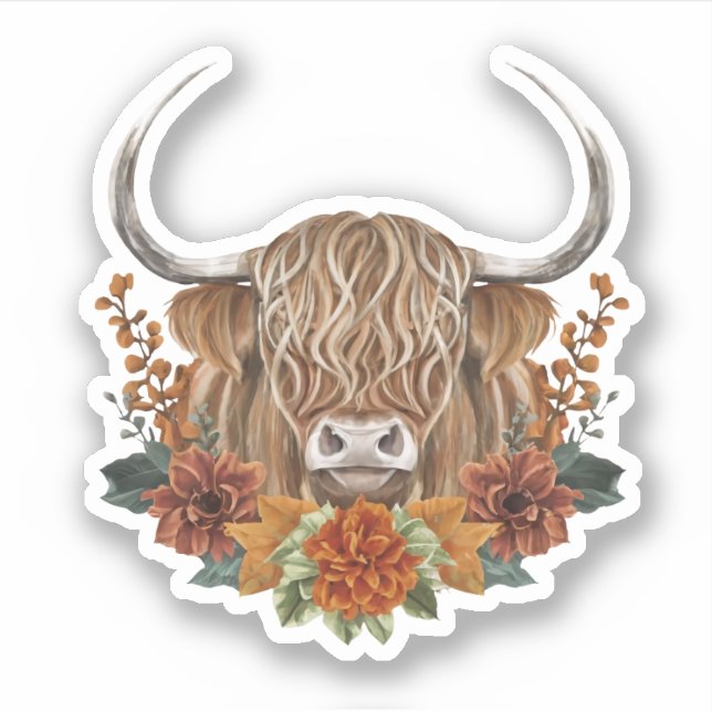 Pegatina Vaca de montaña con flores de otoño (Anverso)