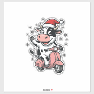 Pegatina Vaca de Navidad montando scooter rosa vintage vect