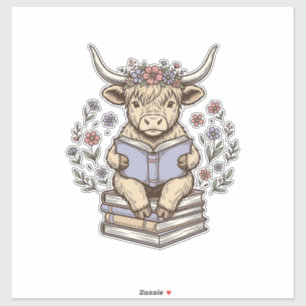 Pegatina Vaca Floral Leyendo Libros Diseño Vintage Apilado_
