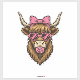 Pegatina Vaca Highland Adorable con Gafas de Corazón Rosado