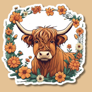Pegatina Vaca Highland Con Flores Bohemias