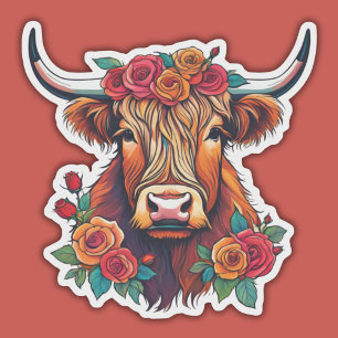 Pegatina Vaca Highland con Rosas impermeables