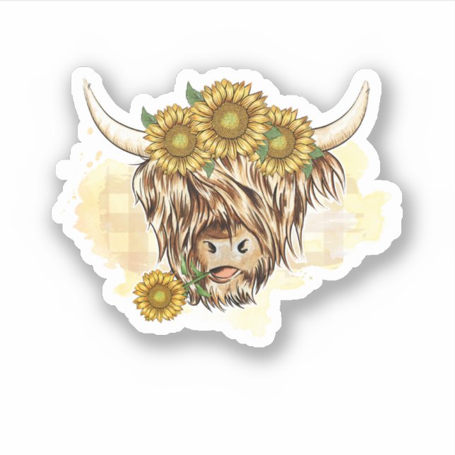 Pegatina Vaca Highland Y Sunflower. Diseño perfecto para pe (Anverso)