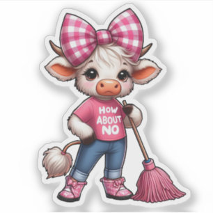 Pegatina Vaca personalizado con traje rosado con Gingham Bo