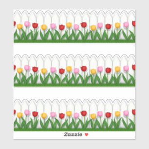 Pegatina Valla Blanca De Picket Con Tulipanes Coloridos