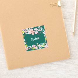 Pegatina Verde con flores rosas personalizadas