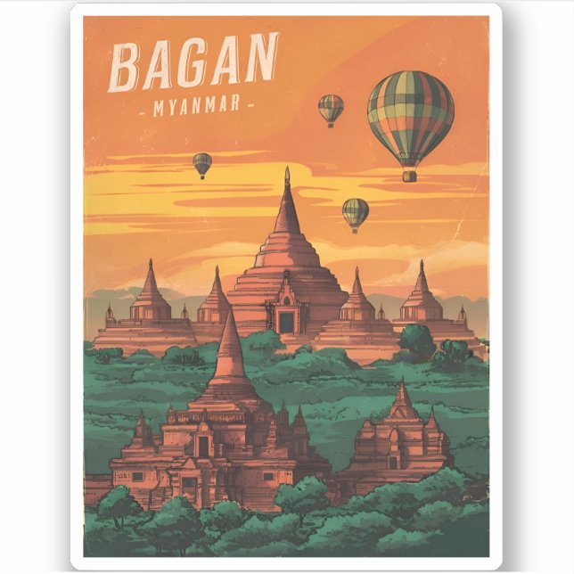 Pegatina Viaje de época Bagan Myanmar Sunset Retro Escenari (Anverso)