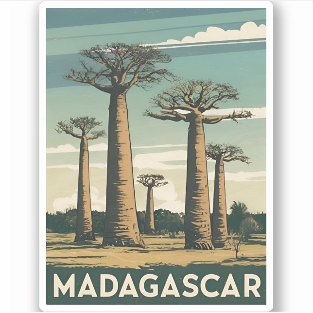 Pegatina Viaje de época Madagascar Baobab Tree Retro Scenic (Anverso)